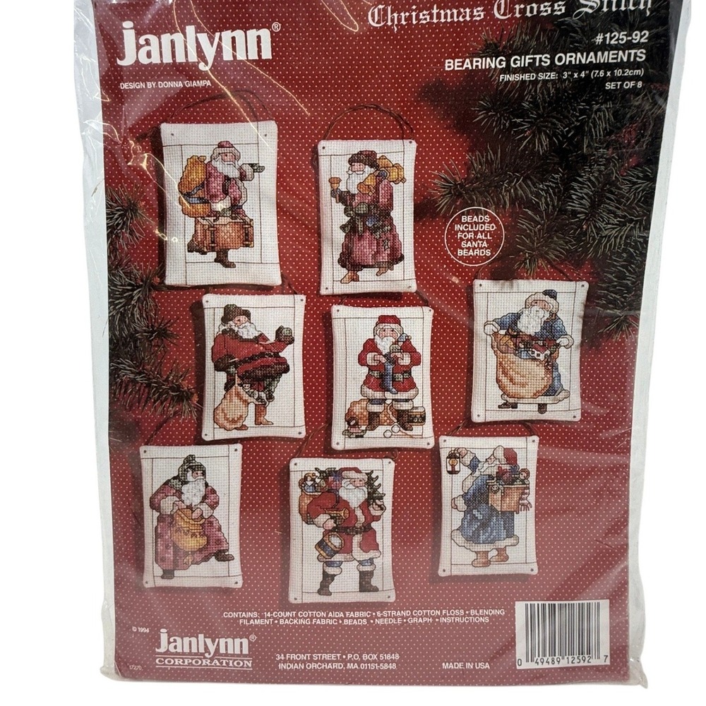 Janlynn Christmas Cross Stitch Bearing Gifts Santa Ornaments Kit 125-92 Set of 8